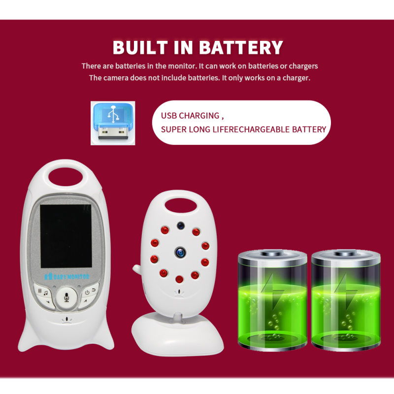 VB601 2.4G Wireless Video Monitor de bebê 2.0 polegadas Câmera de segurança de cor 2 vias Talk NightVision IR LED Monitoramento de temperatura com 8 canção de ninar