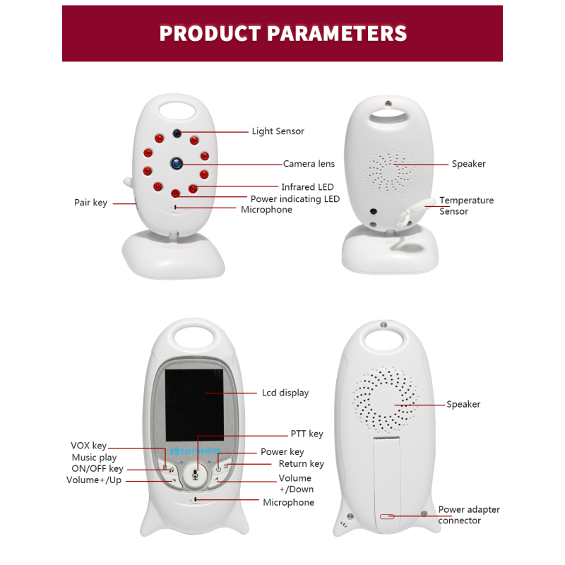 VB601 2.4G Wireless Video Monitor de bebê 2.0 polegadas Câmera de segurança de cor 2 vias Talk NightVision IR LED Monitoramento de temperatura com 8 canção de ninar