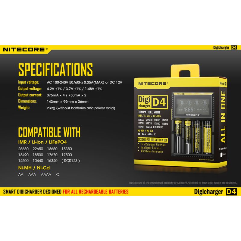 Nitecore D4 Digicharger LCD Display Bateria Nitecore Carregador Inteligente 2.0 Fit Li-ion 18650 14500 16340 26650