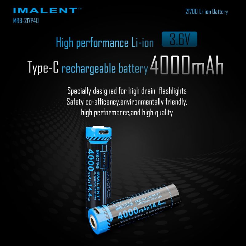 Imalent MRB-217P40 21700 4000mAH 3.6V Tipo-C Bateria recarregável