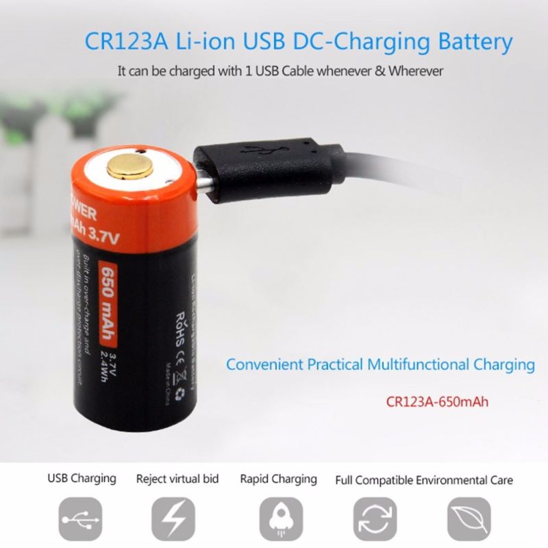 16340 650mAh 3.7V Micro USB Recarregável Li-ion Bateria