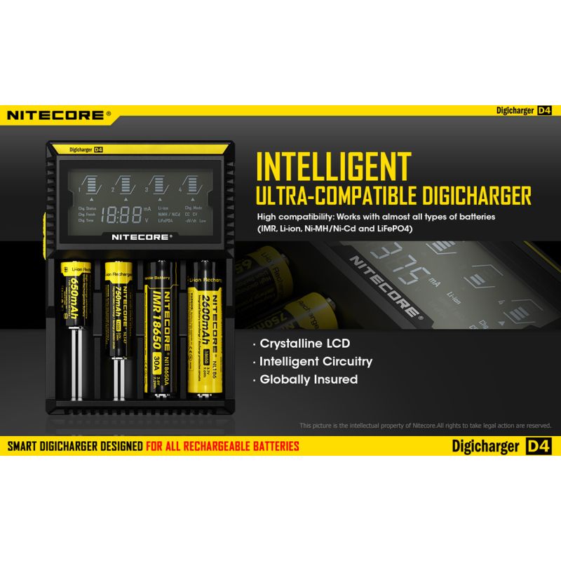 Nitecore D4 Digicharger LCD Display Bateria Nitecore Carregador Inteligente 2.0 Fit Li-ion 18650 14500 16340 26650