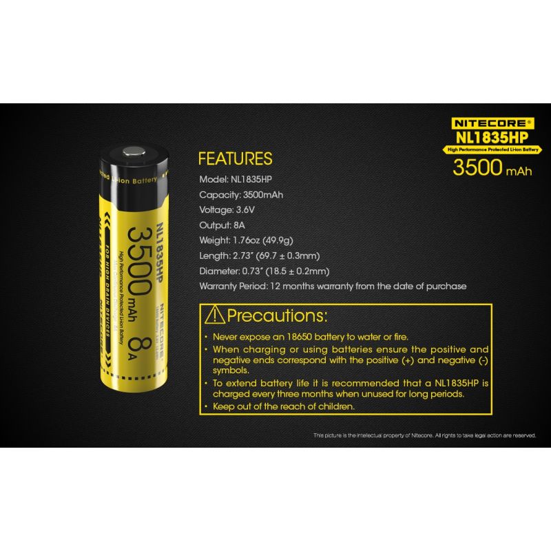 Nitecore NL1835HP 3500MAH 3.6V 12.6WH 8A Alto desempenho 18650 Bateria
