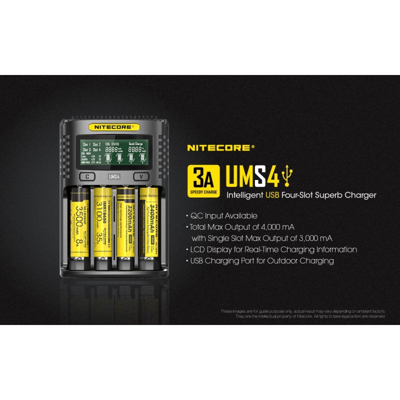 Nitecore UMS4 Intelligent USB Four-Slot Carregador Superd para 18650/21700/26650/20700/18350/16340 (RCR123) / 14500/10440 Baterias