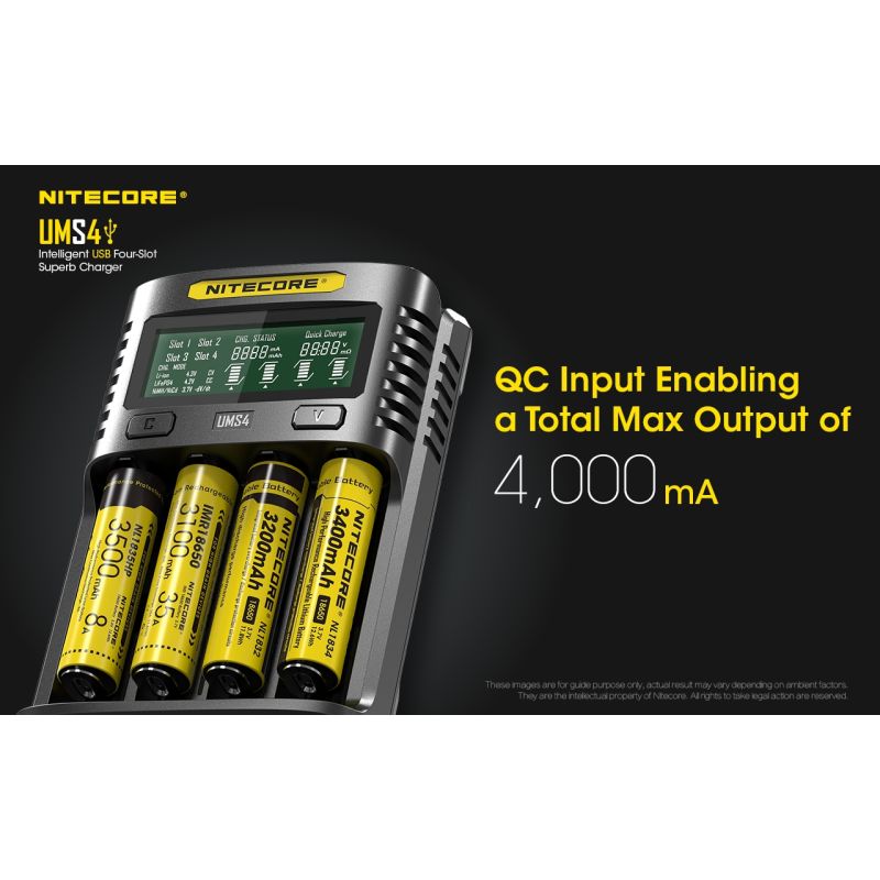 Nitecore UMS4 Intelligent USB Four-Slot Carregador Superd para 18650/21700/26650/20700/18350/16340 (RCR123) / 14500/10440 Baterias