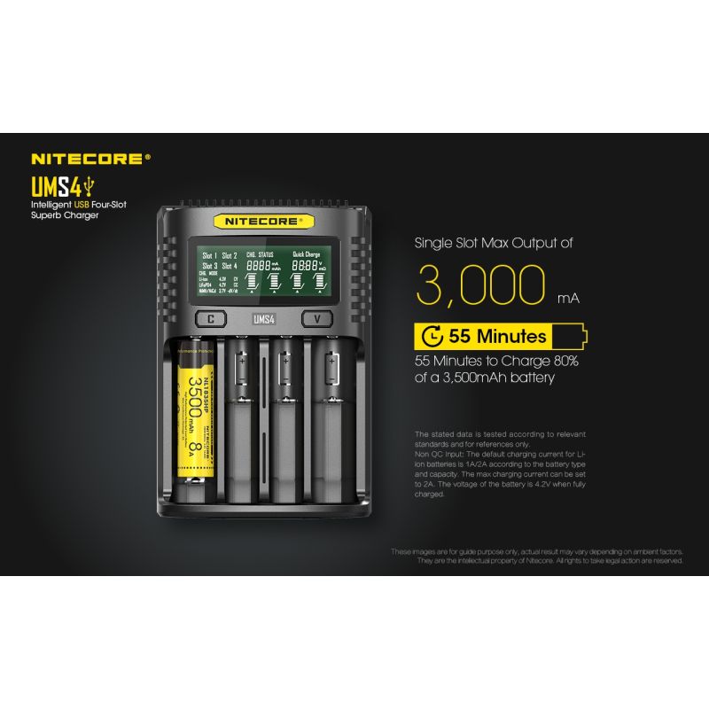 Nitecore UMS4 Intelligent USB Four-Slot Carregador Superd para 18650/21700/26650/20700/18350/16340 (RCR123) / 14500/10440 Baterias