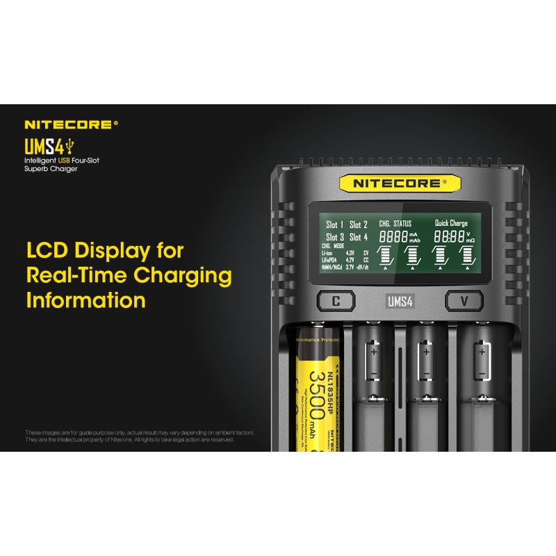 Nitecore UMS4 Intelligent USB Four-Slot Carregador Superd para 18650/21700/26650/20700/18350/16340 (RCR123) / 14500/10440 Baterias