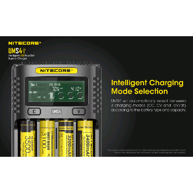 Nitecore UMS4 Intelligent USB Four-Slot Carregador Superd para 18650/21700/26650/20700/18350/16340 (RCR123) / 14500/10440 Baterias