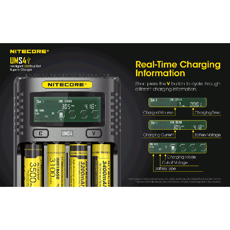 Nitecore UMS4 Intelligent USB Four-Slot Carregador Superd para 18650/21700/26650/20700/18350/16340 (RCR123) / 14500/10440 Baterias