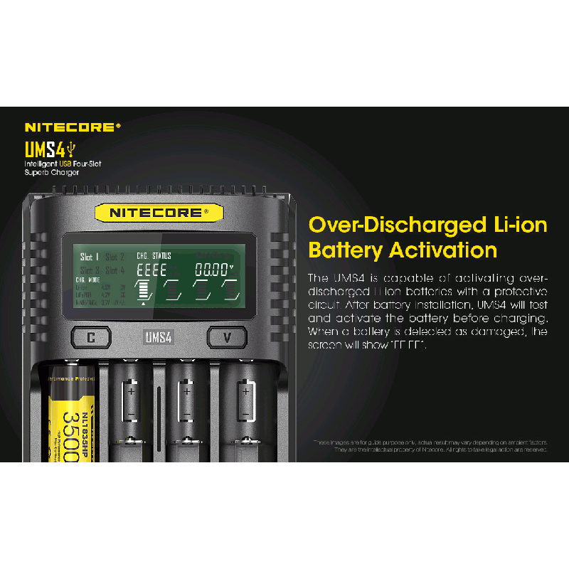 Nitecore UMS4 Intelligent USB Four-Slot Carregador Superd para 18650/21700/26650/20700/18350/16340 (RCR123) / 14500/10440 Baterias