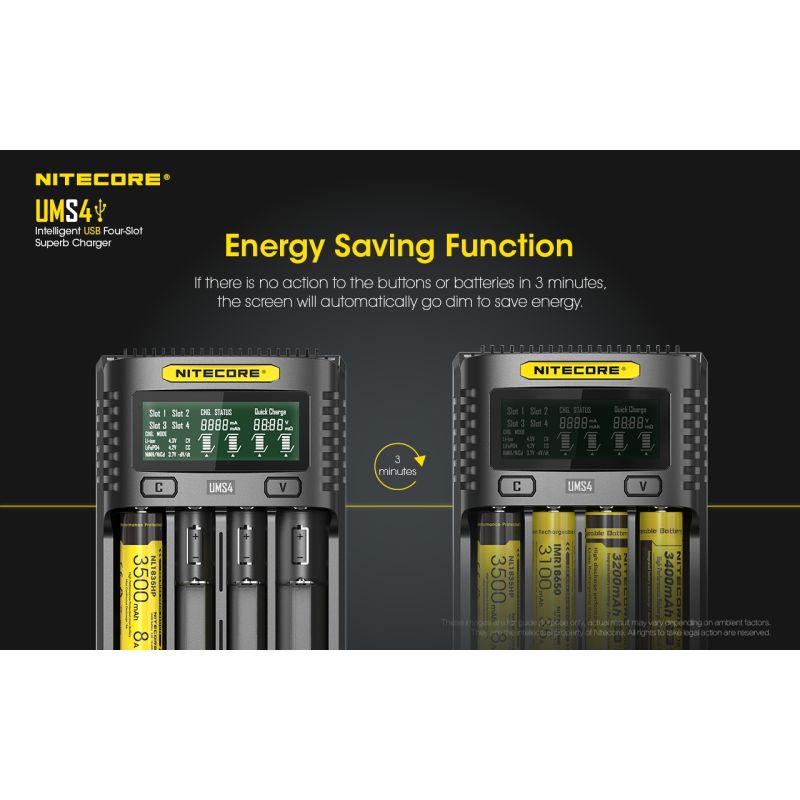 Nitecore UMS4 Intelligent USB Four-Slot Carregador Superd para 18650/21700/26650/20700/18350/16340 (RCR123) / 14500/10440 Baterias