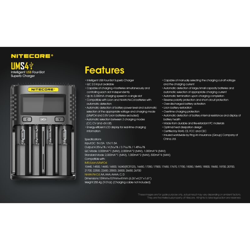 Nitecore UMS4 Intelligent USB Four-Slot Carregador Superd para 18650/21700/26650/20700/18350/16340 (RCR123) / 14500/10440 Baterias