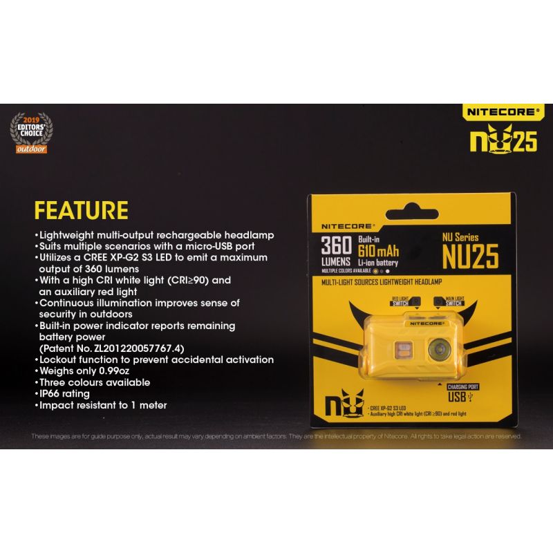 Nitecore Nu25 XP-G2 S3 LED 360 Lumens LED Farol Recarregável
