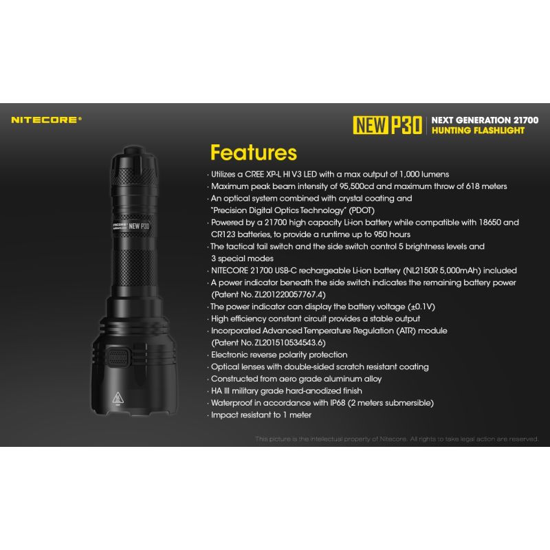 Nitecore Novo P30 XP-L Oi V3 1000 Lumens 618 M Lanterna LED