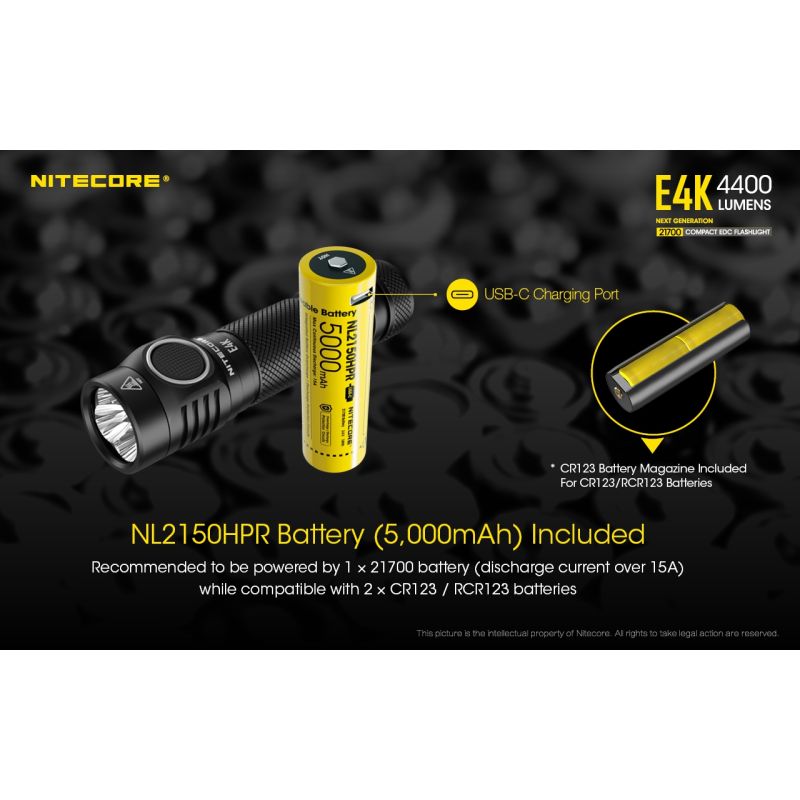 Nitecore E4K 4 x XP-L2 V6 LED 4400 Lumens 21700 Lanterna da bateria