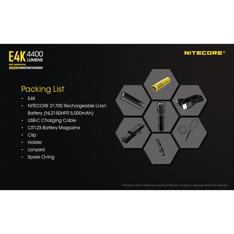 Nitecore E4K 4 x XP-L2 V6 LED 4400 Lumens 21700 Lanterna da bateria