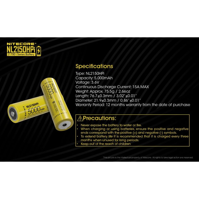 Nitecore NL2150HPI 5000mAH 3.6V 18WH 21700 Li-ion bateria recarregável