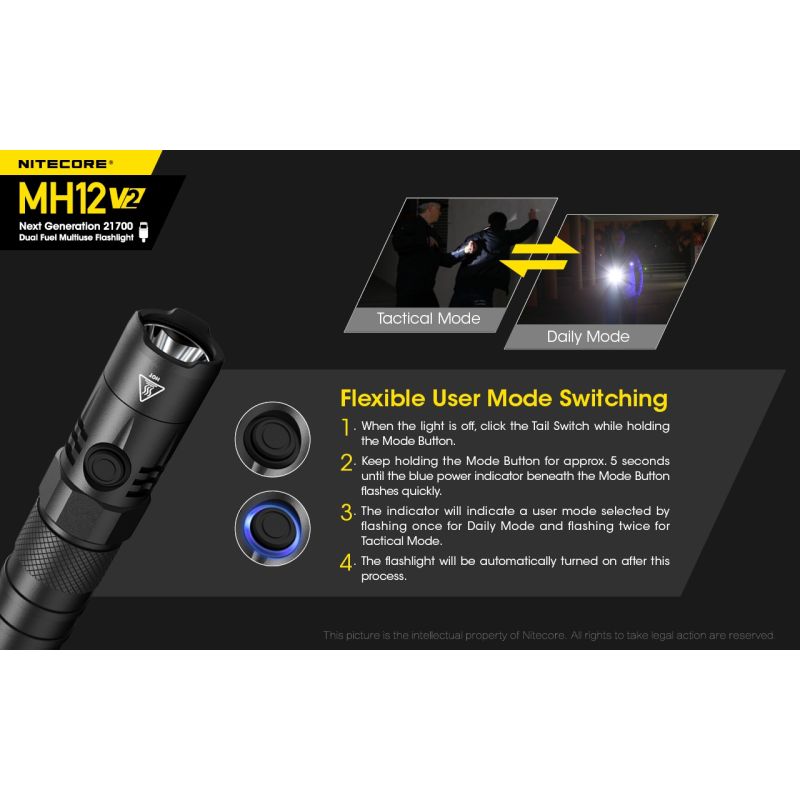 Nitecore MH12 V2 XP-L2 V6 LED 1200 Lumens 21700 Bateria Lanterna