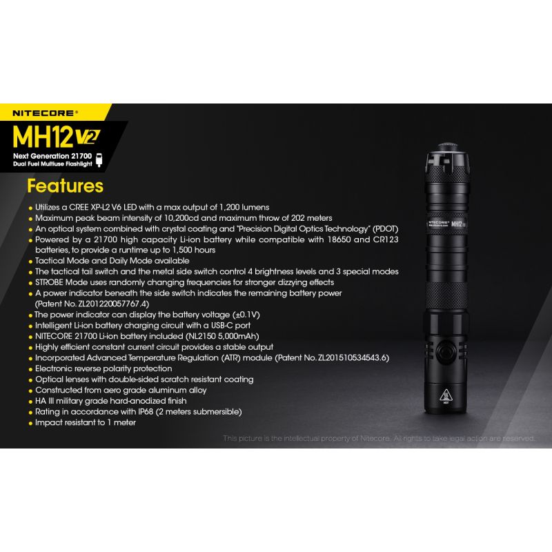 Nitecore MH12 V2 XP-L2 V6 LED 1200 Lumens 21700 Bateria Lanterna