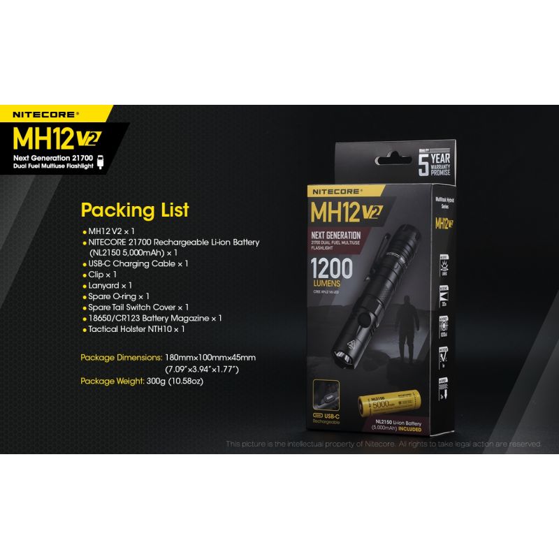 Nitecore MH12 V2 XP-L2 V6 LED 1200 Lumens 21700 Bateria Lanterna