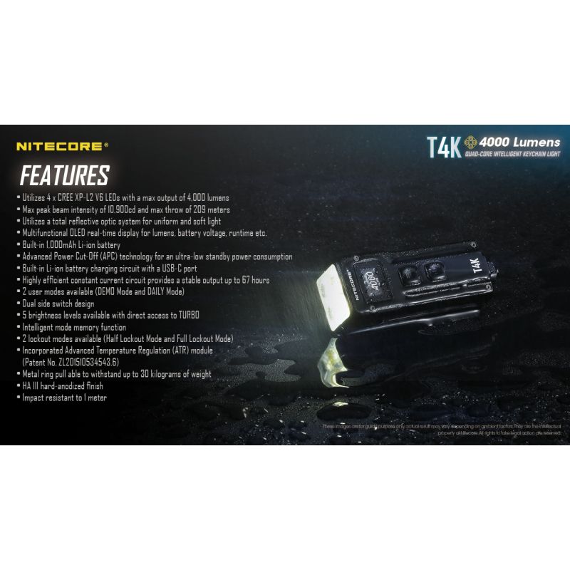Nitecore T4K 4 x XP-L2 V6 LEDs 4000 Lumens Bateria Built-in usando USB-C Carregamento Portátil Chaveiro Lanterna