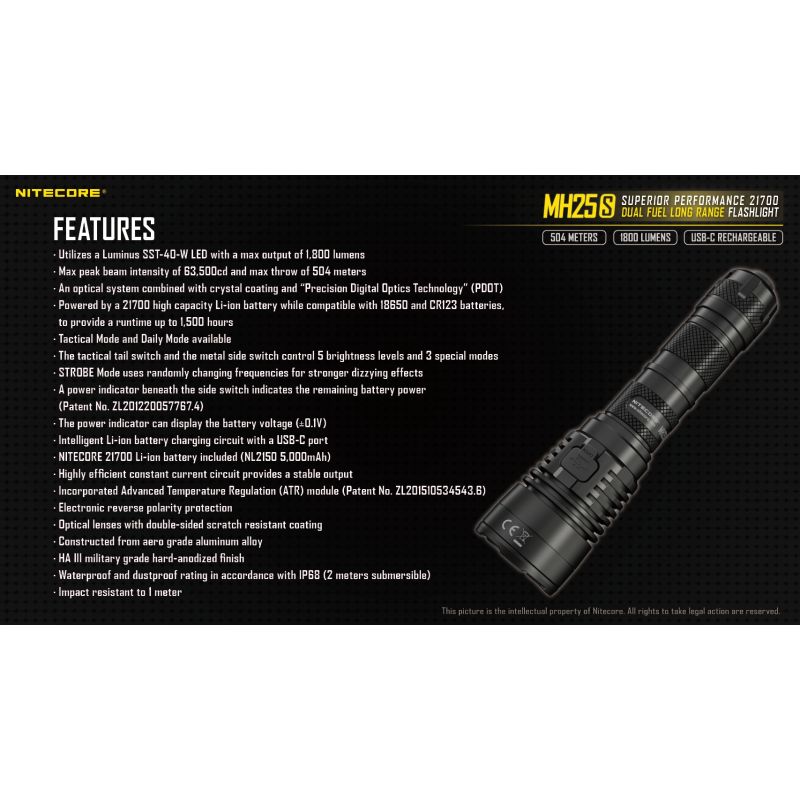 Nitecore MH25S Luminus SST-40 1800 Lumen USB-C Lanterna Recarregável