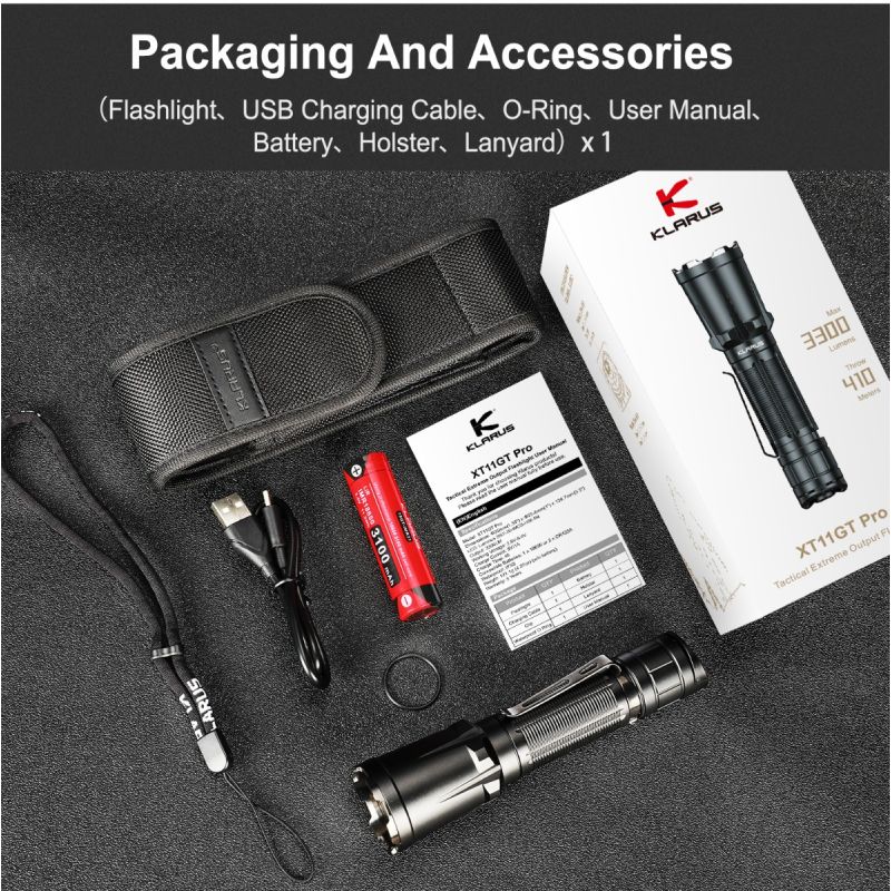 Lanterna recarregável rápida Klarus XT11GT PRO V2.0 Luminus SST-70 3300LM 410M USB-C