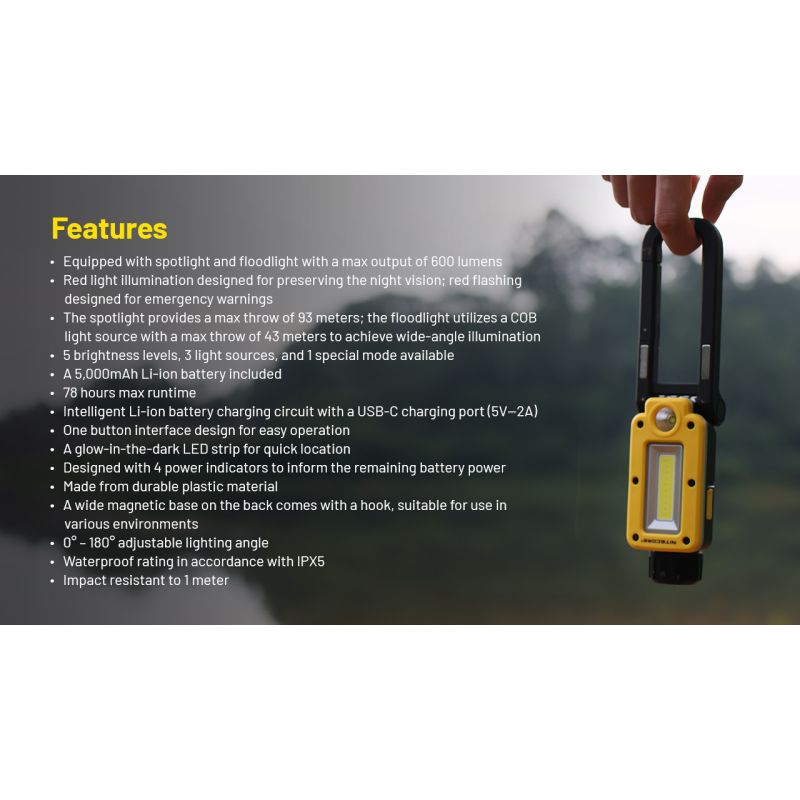 NITECORE NWL20 Portable Floodlight 600 Lumens Versatile Lighting with Triple Output for Outdoor and Emergency Use