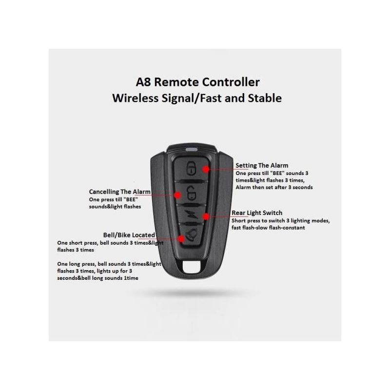 ANTUSI A8 Bicicleta de estrada anti-roubo, trava de alarme, freio automático, ciclismo, luz traseira, controle remoto, luz traseira, bicicleta, MTB, sem fio, campainha