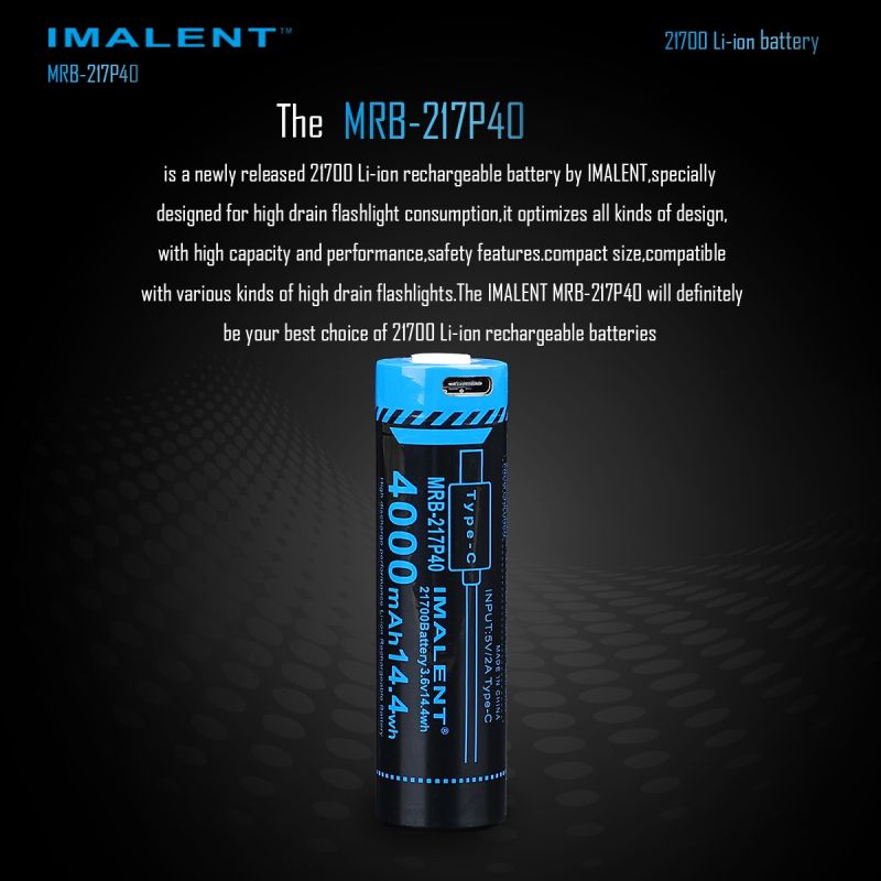 Imalent MRB-217P40 21700 4000mAH 3.6V Tipo-C Bateria recarregável