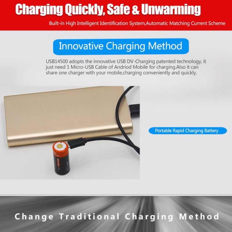 16340 650mAh 3.7V Micro USB Recarregável Li-ion Bateria