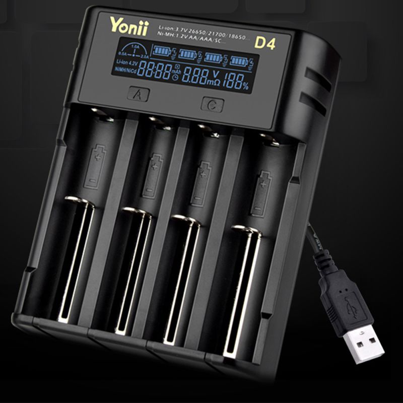 YONII D4 LCD 4 slots 18650 carregador de bateria para 18650 21700 26650 bateria de lítio AA AAA Ni-mh
