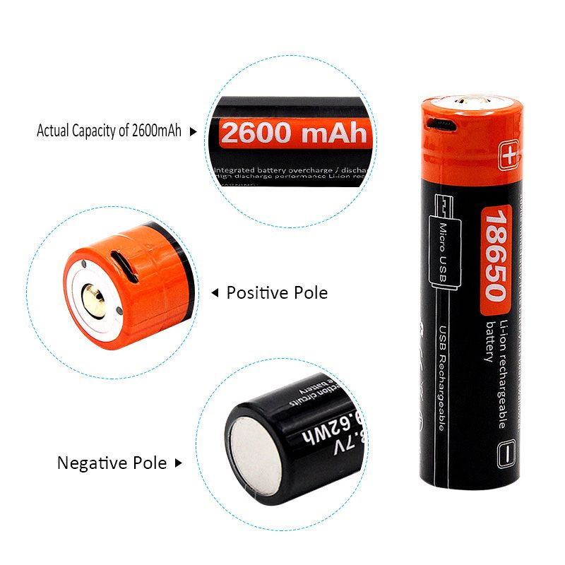 18650 2600mAh 3.7V Micro USB Bateria de Li-ion recarregável