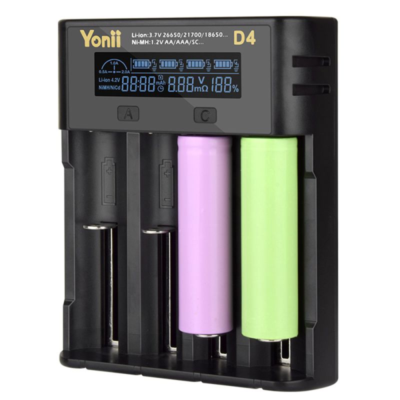 YONII D4 LCD 4 slots 18650 carregador de bateria para 18650 21700 26650 bateria de lítio AA AAA Ni-mh