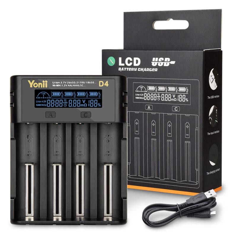 YONII D4 LCD 4 slots 18650 carregador de bateria para 18650 21700 26650 bateria de lítio AA AAA Ni-mh