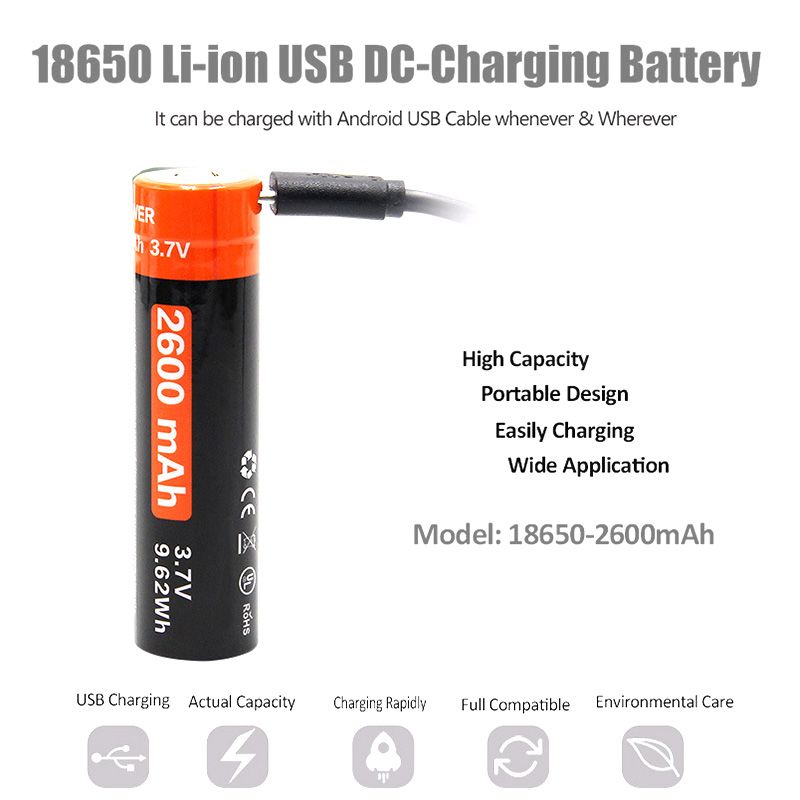 18650 2600mAh 3.7V Micro USB Bateria de Li-ion recarregável