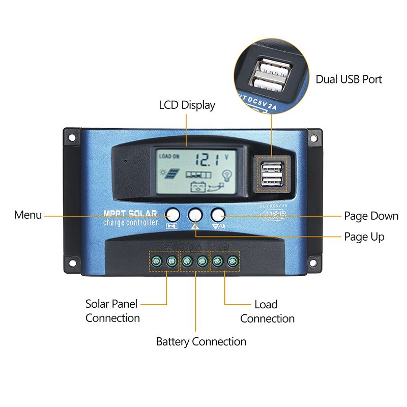 MPPT Solar Charge Controller 30/40/50/60/100A Controlador Solar Painel Solar Regulador de Bateria Dual USB 5V Display LCD