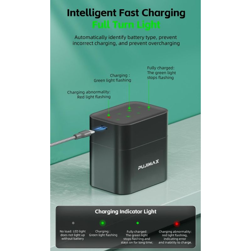 8-Slot Charger Smart Flip Top Compartment with Type-C Port for Efficient Charging of AA Lithium Batteries