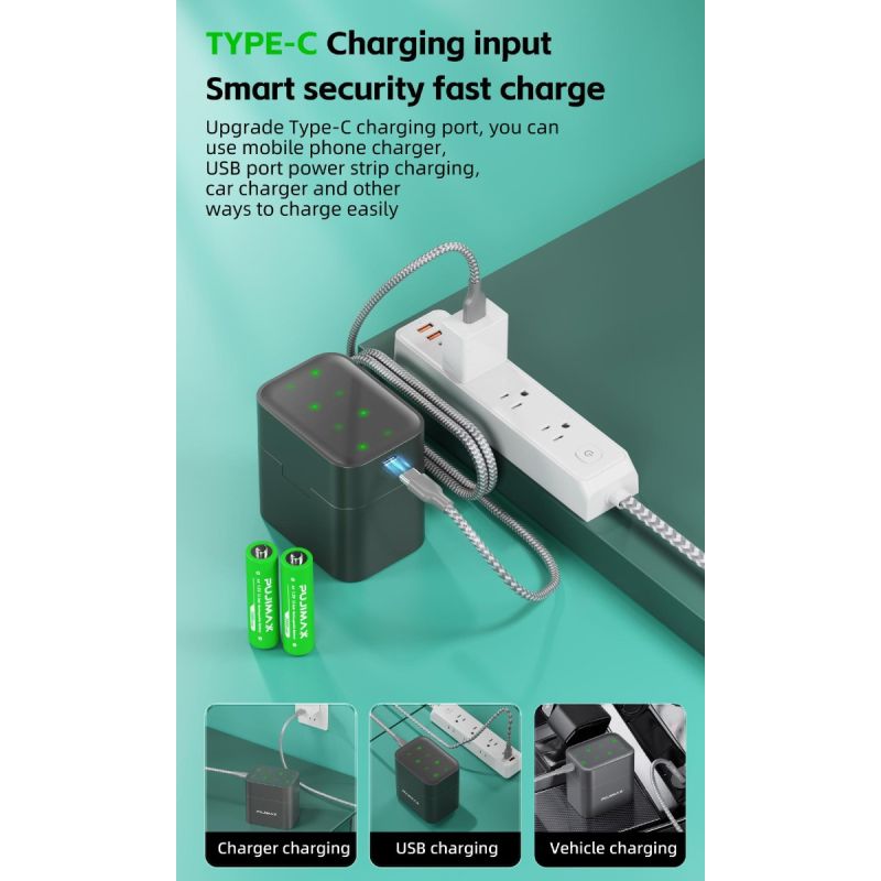 8-Slot Charger Smart Flip Top Compartment with Type-C Port for Efficient Charging of AA Lithium Batteries