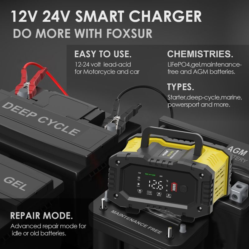 FOXSUR Portable Car Battery Charger 12V 24V Versatile Charger for AGM LiFePO4 Lead Acid Motorcycle Truck
