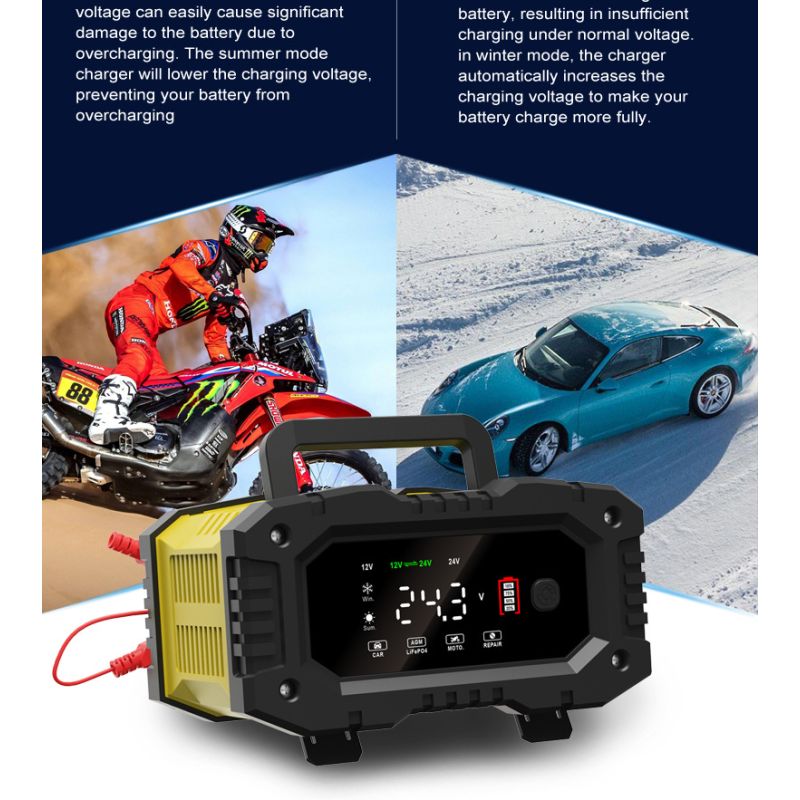 FOXSUR Portable Car Battery Charger 12V 24V Versatile Charger for AGM LiFePO4 Lead Acid Motorcycle Truck