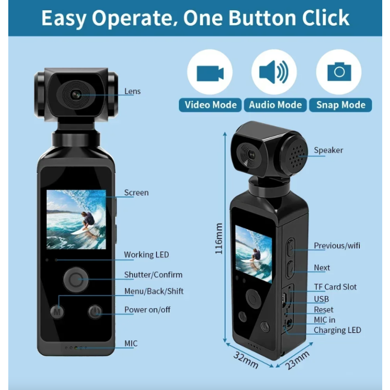 4K Ultra HD Pocket Action Camera 270° Rotatable Vlog Wifi Mini Sports Cam Helmet Travel Bicycle Driver Recorder