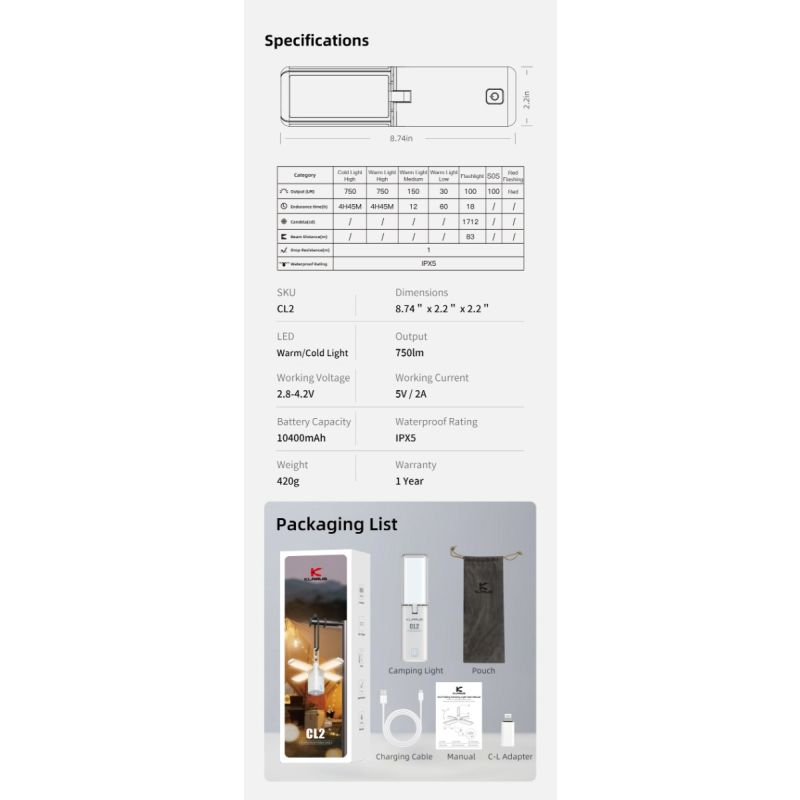 Klarus CL2 750 Lumen Freefolding Camping Light Portable Eye-caring Versatile Lamp with 7 Light Modes