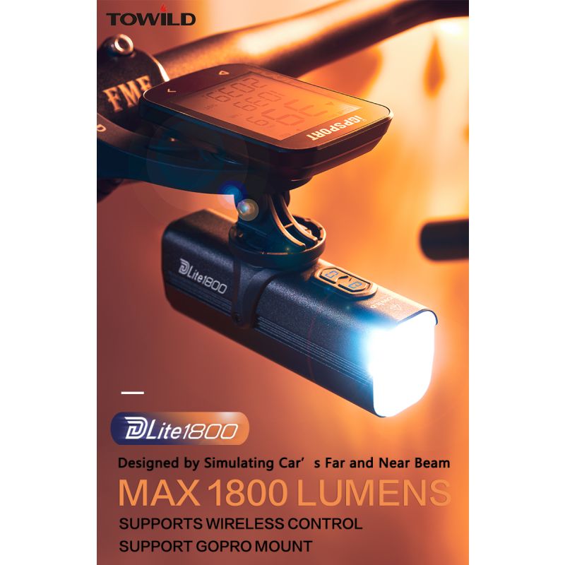 TOWILD DLite 1800 USB Rechargeable Bike Light 2100 Lumens Waterproof Headlight Cycling Safety 5000mAh Battery