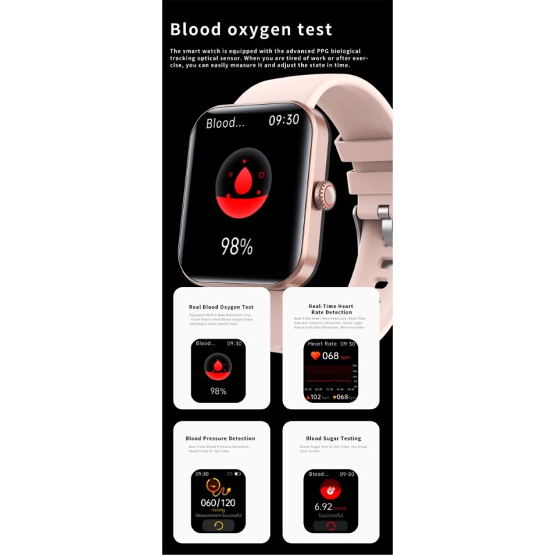 F57L Smart Watch Blood Glucose Blood Pressure Heart Rate Temperature Monitoring Sport Monitoring 1.91 Inch Sn