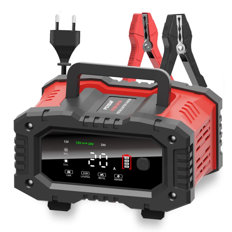 FOXSUR 20A Portable Car Battery Charger 12V 24V for Motorcycle Truck AGM LiFePO4 Lead Acid Battery Maintenance