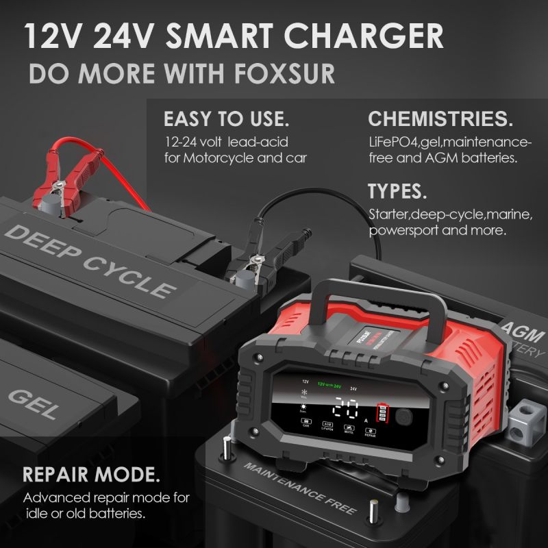 FOXSUR 20A Portable Car Battery Charger 12V 24V for Motorcycle Truck AGM LiFePO4 Lead Acid Battery Maintenance