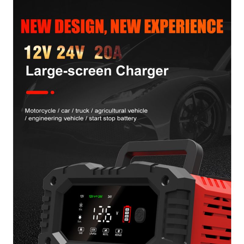 FOXSUR 20A Portable Car Battery Charger 12V 24V for Motorcycle Truck AGM LiFePO4 Lead Acid Battery Maintenance