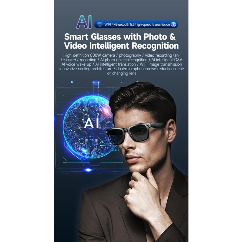 AI Smart Translation Glasses, Smart Glasses with Camera and Bluetooth, AI Glasses for Calls & Musi,UV Protection,Anti-Blue Light Glasses Everyday Wear