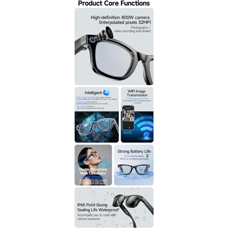 AI Smart Translation Glasses, Smart Glasses with Camera and Bluetooth, AI Glasses for Calls & Musi,UV Protection,Anti-Blue Light Glasses Everyday Wear